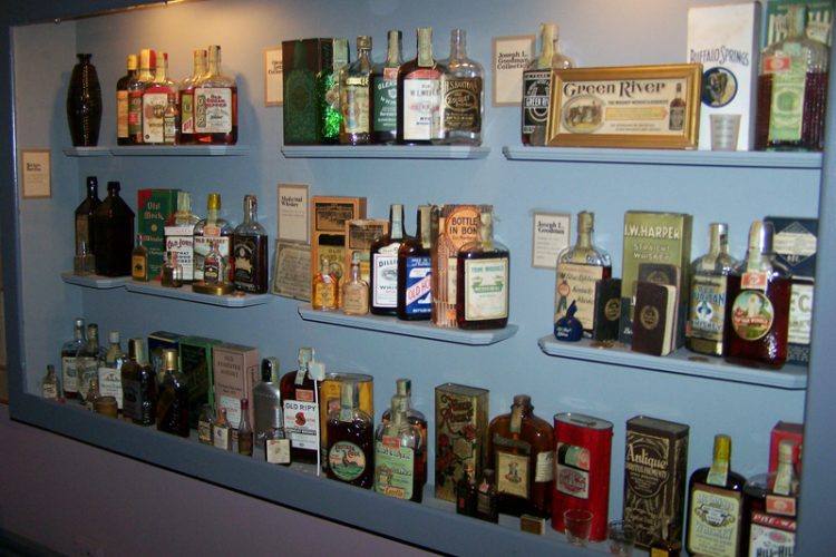 Some of the historic whiskey bottles on display at the Oscar Getz Museum of Whiskey History. Photo courtesy of the Oscar Getz Museum