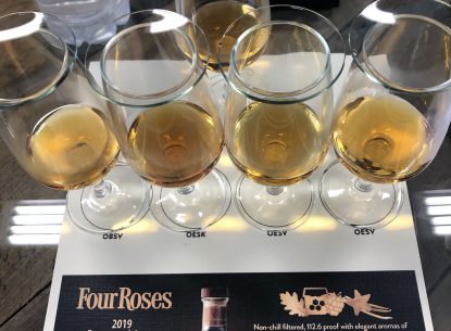 Four batches of mingled Four Roses bourbon in line, and the final result, the 2019 Limited Edition Small Batch, at the top.